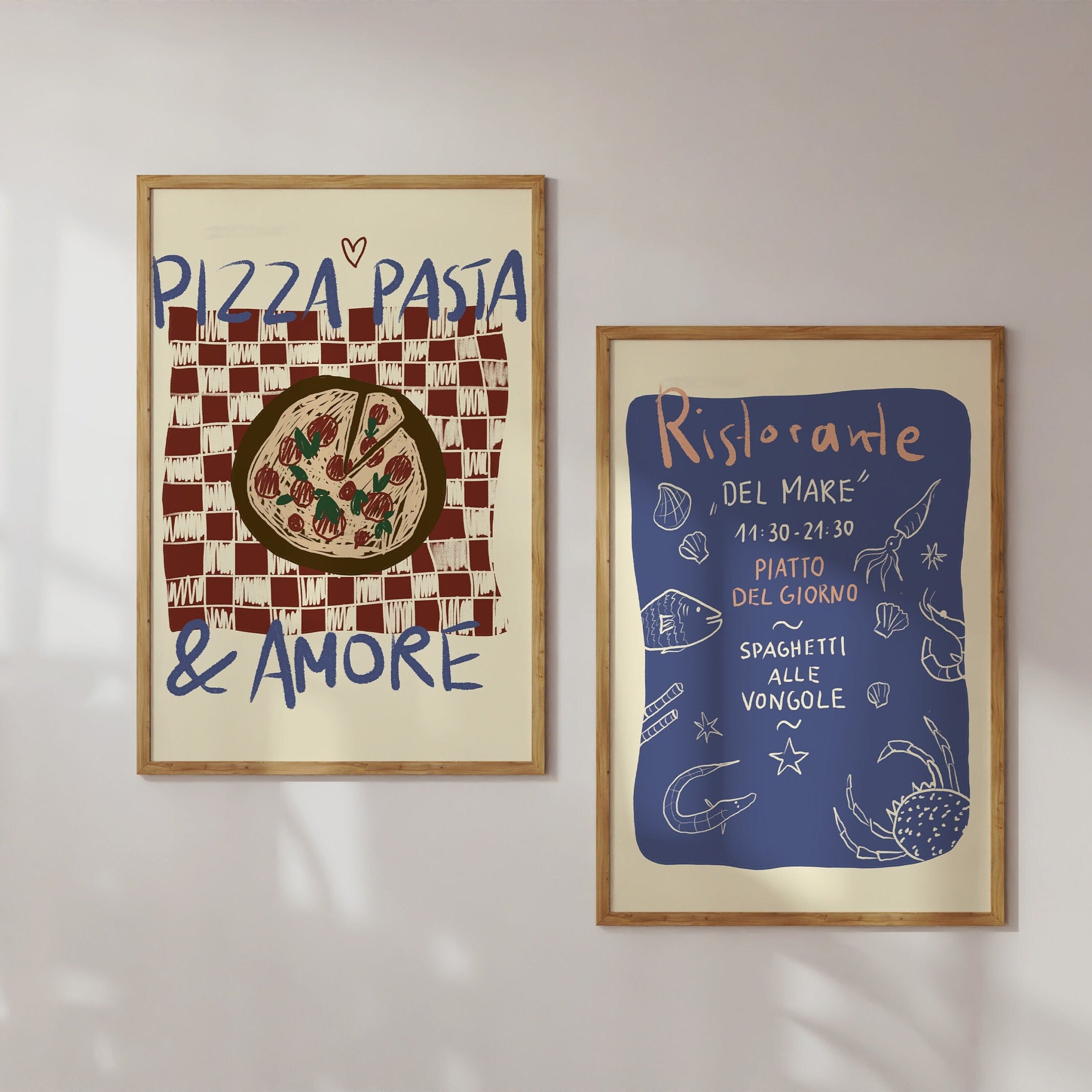 Poster Pizza, Pasta & Amore Illustration / Kunstdruck / Dolce Vita / Italien, Küche, Essen