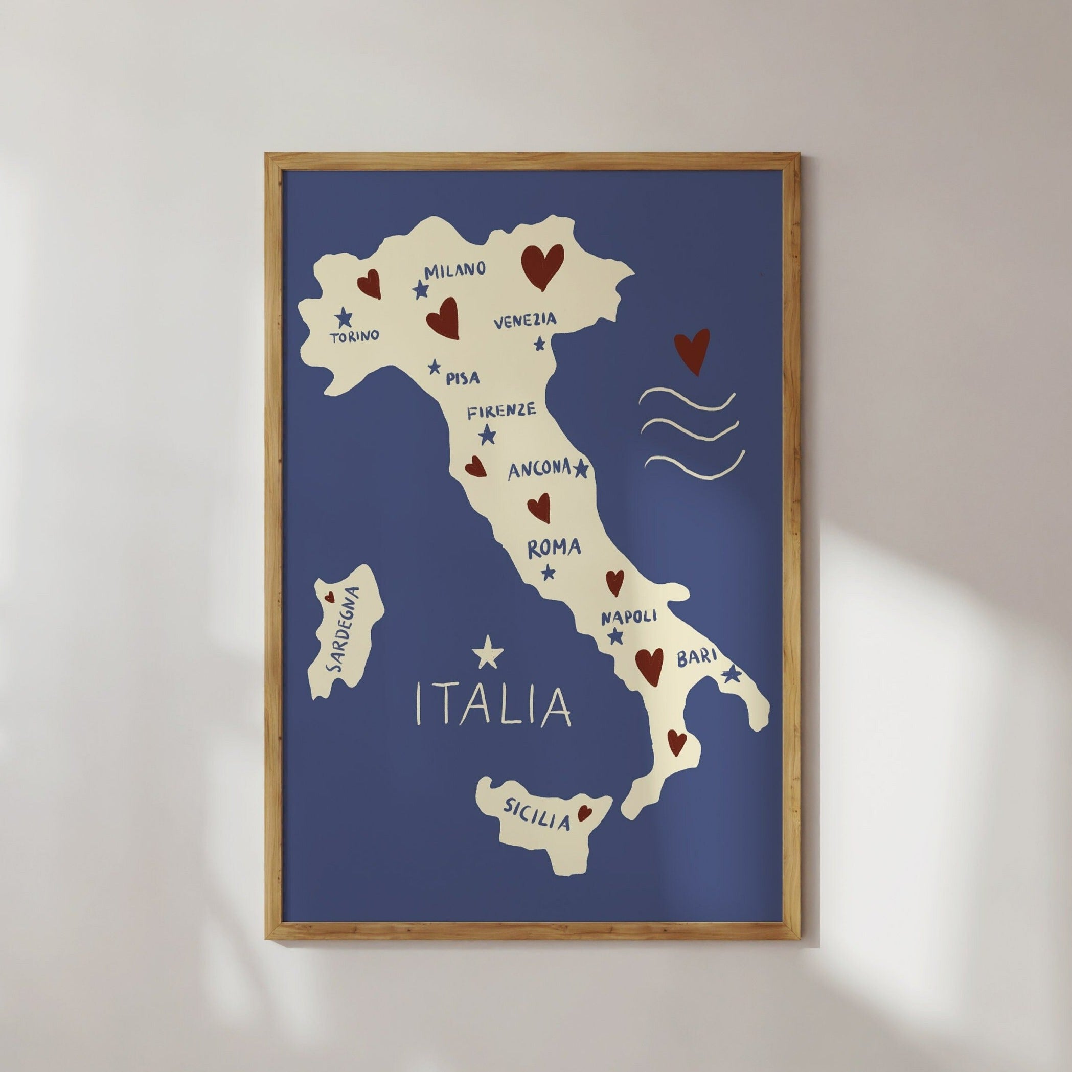 Italien Karte / Illustration / Kunstdruck / Dolce Vita / Italien-Karte, Wandkunst, Reisekarte, Geschenk, Herzen, Blau