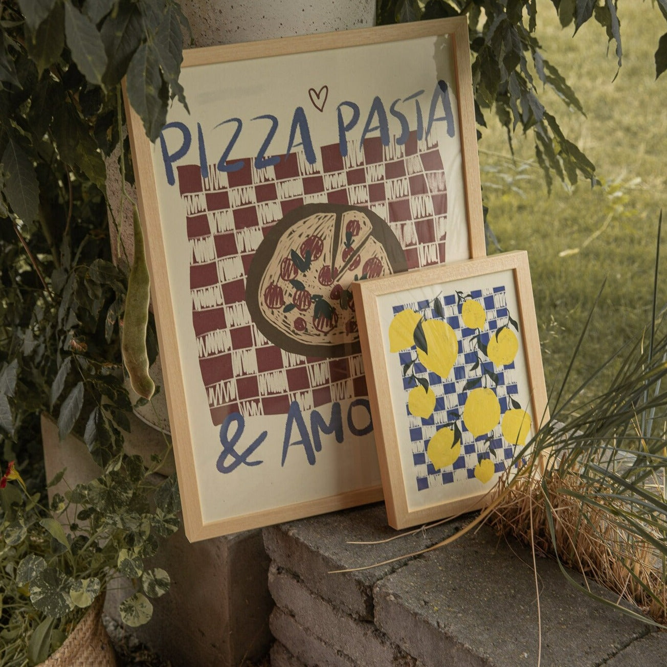 Poster Zitronen / Kunstdruck / Dolce Vita / Italien, Küche, Essen, Amalfi,Limone, Zitronen, Bild, Küchen-Poster, gelb, blau, Karo, Muster