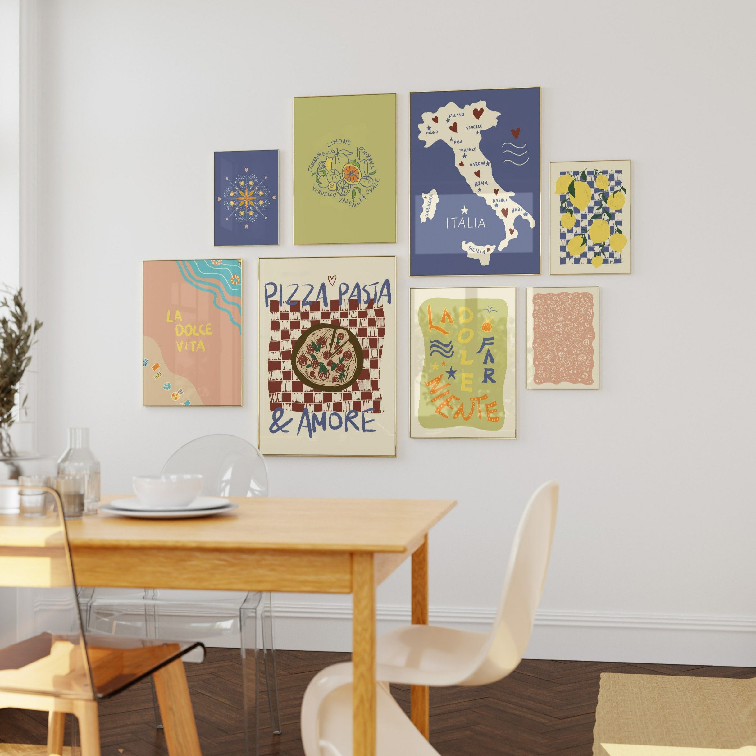 Poster Zitronen / Kunstdruck / Dolce Vita / Italien, Küche, Essen, Amalfi,Limone, Zitronen, Bild, Küchen-Poster, gelb, blau, Karo, Muster