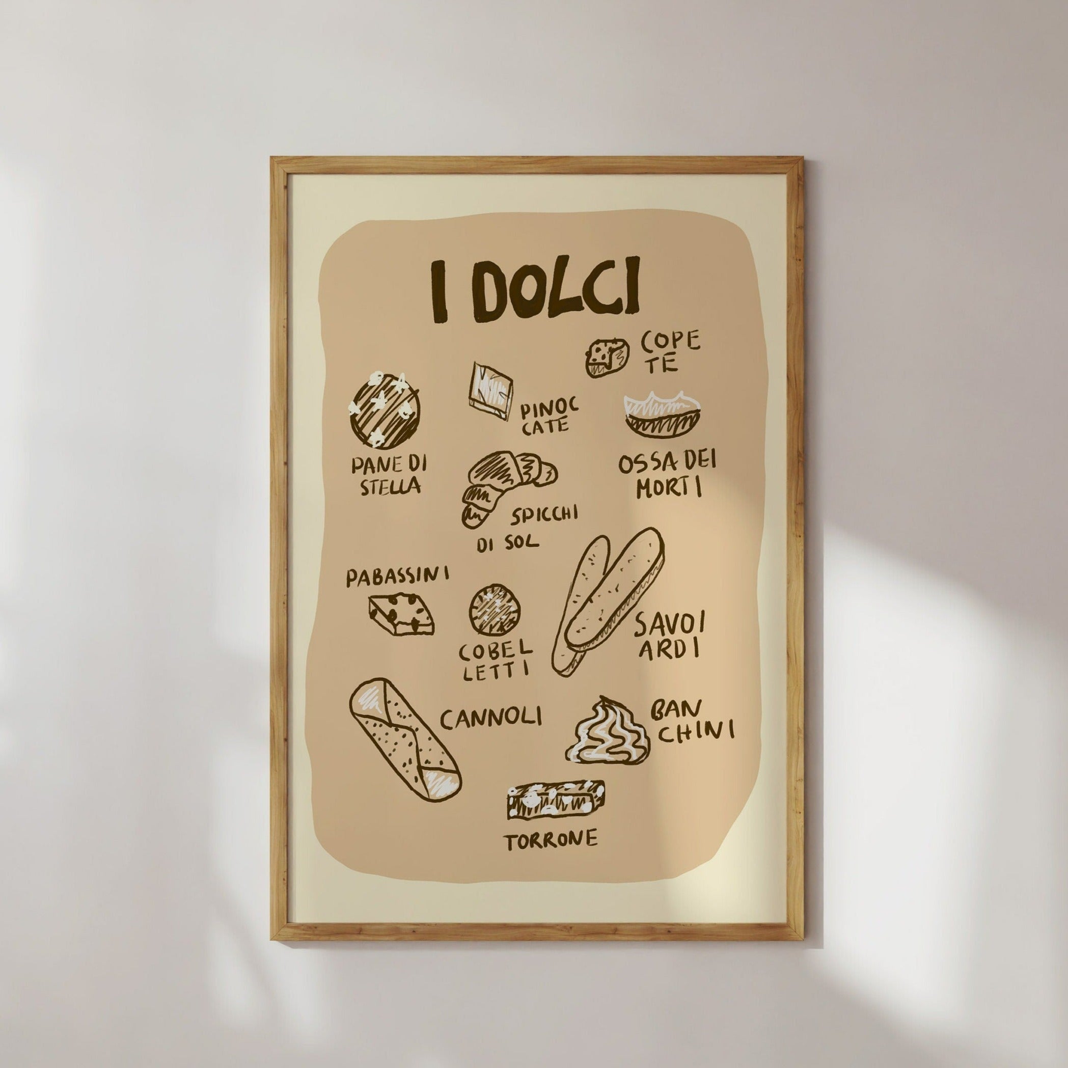 Poster Dolci, italienisches Essen Dessert illustrierter Druck, Süßigkeiten,italienisches Essen, Lebensmitteldruck, Küchen-Print, Kunstdruck