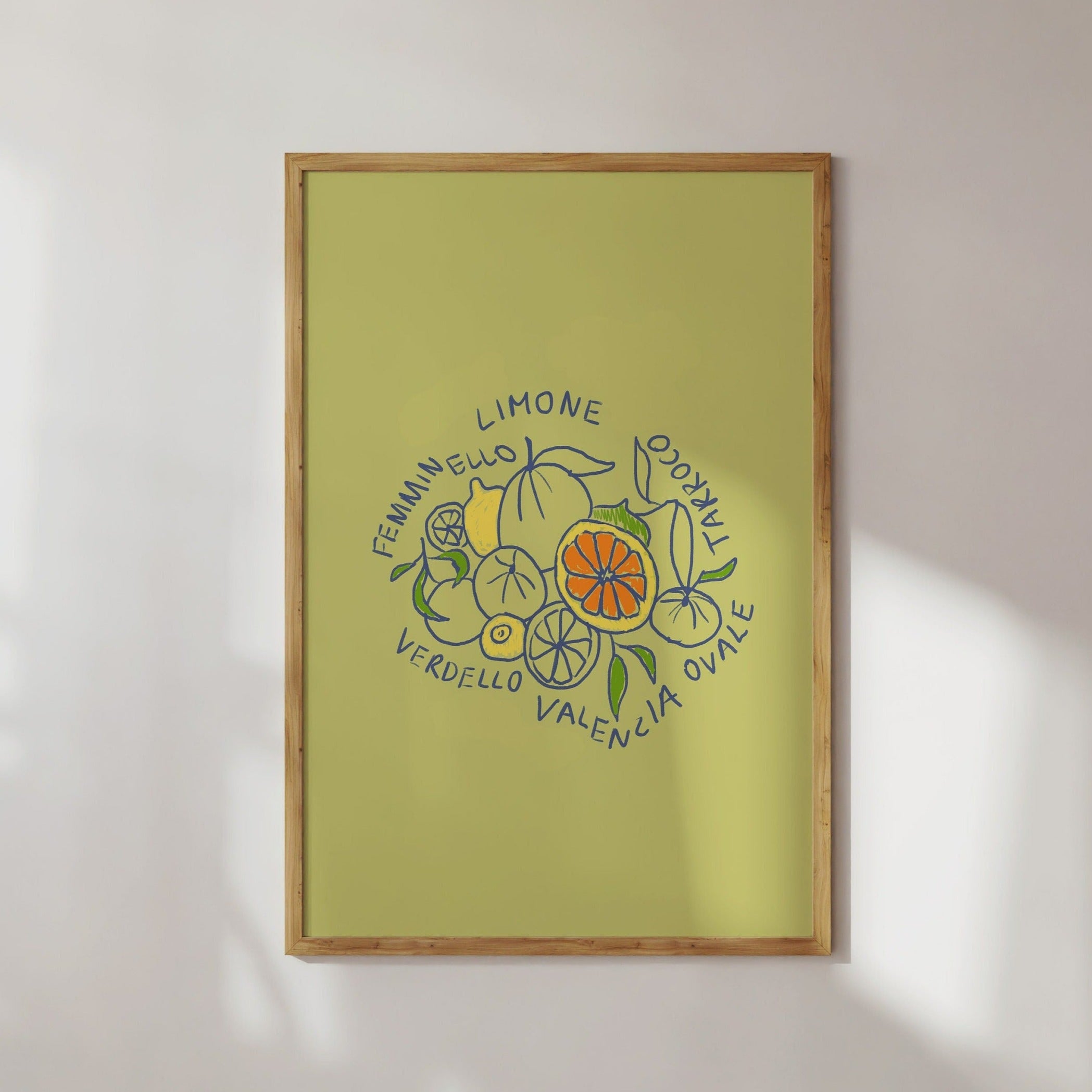 Poster Limone, Zitronen & Orangen Sorten / Kunstdruck / Dolce Vita / Italien, Küche, Essen, Amalfi,Bild, Küchen-Poster, Muster, grün, gelb