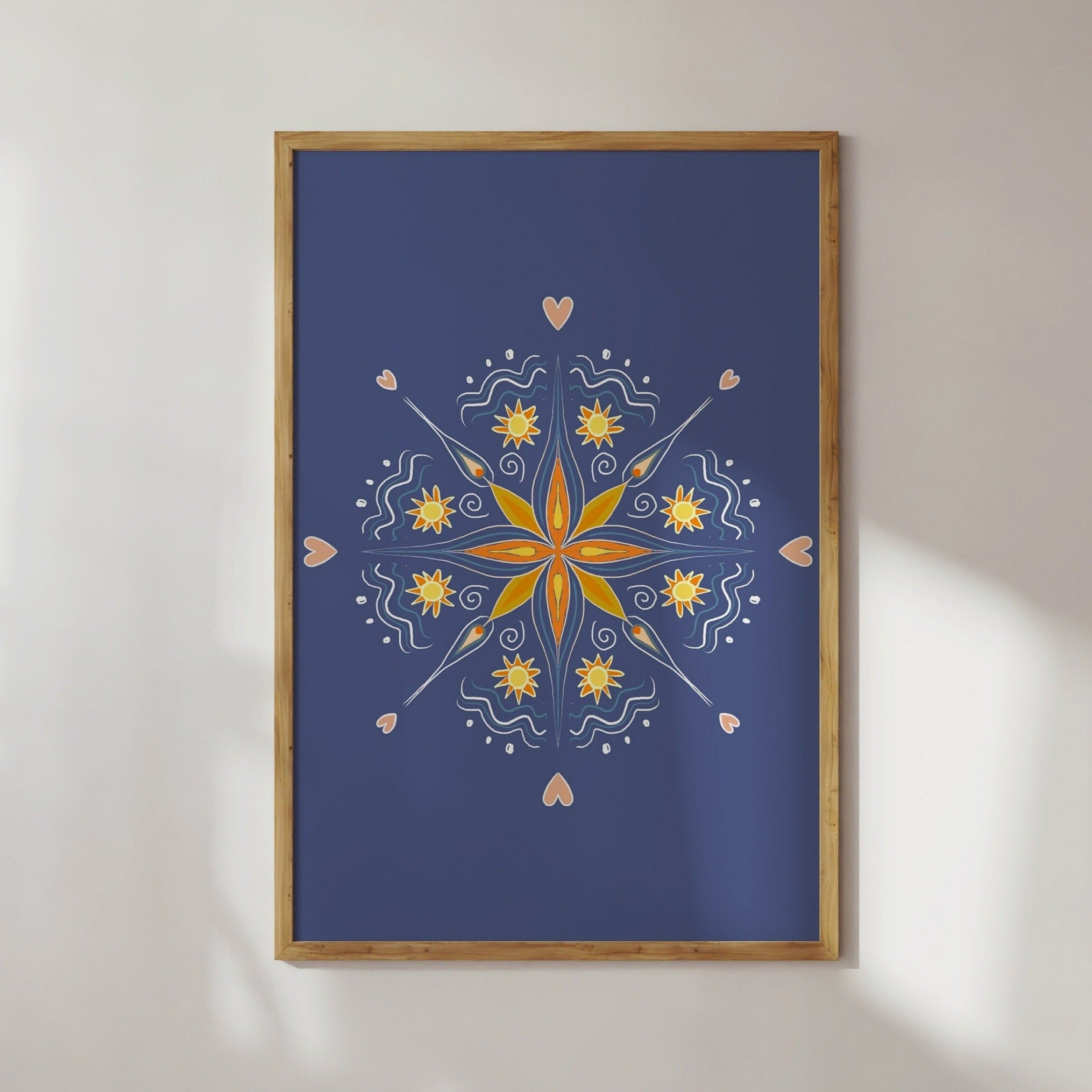 Dunkelblaues Mandala / Illustration / Kunstdruck / Dolce Vita / Italien / Wandkunst, blau, orange, Dekoration, Muster, Ornament, Kombinieren