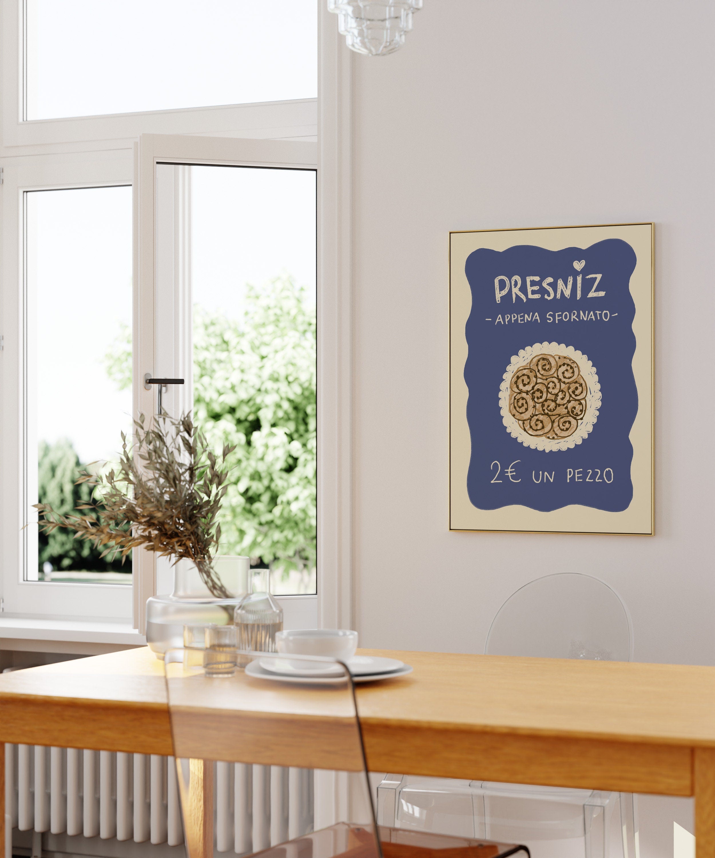 Poster Presniz, italienische Zimtschnecke Dessert illustrierter Druck, Süßigkeiten, Zimtschnecke, Küchen-Print, Kunstdruck