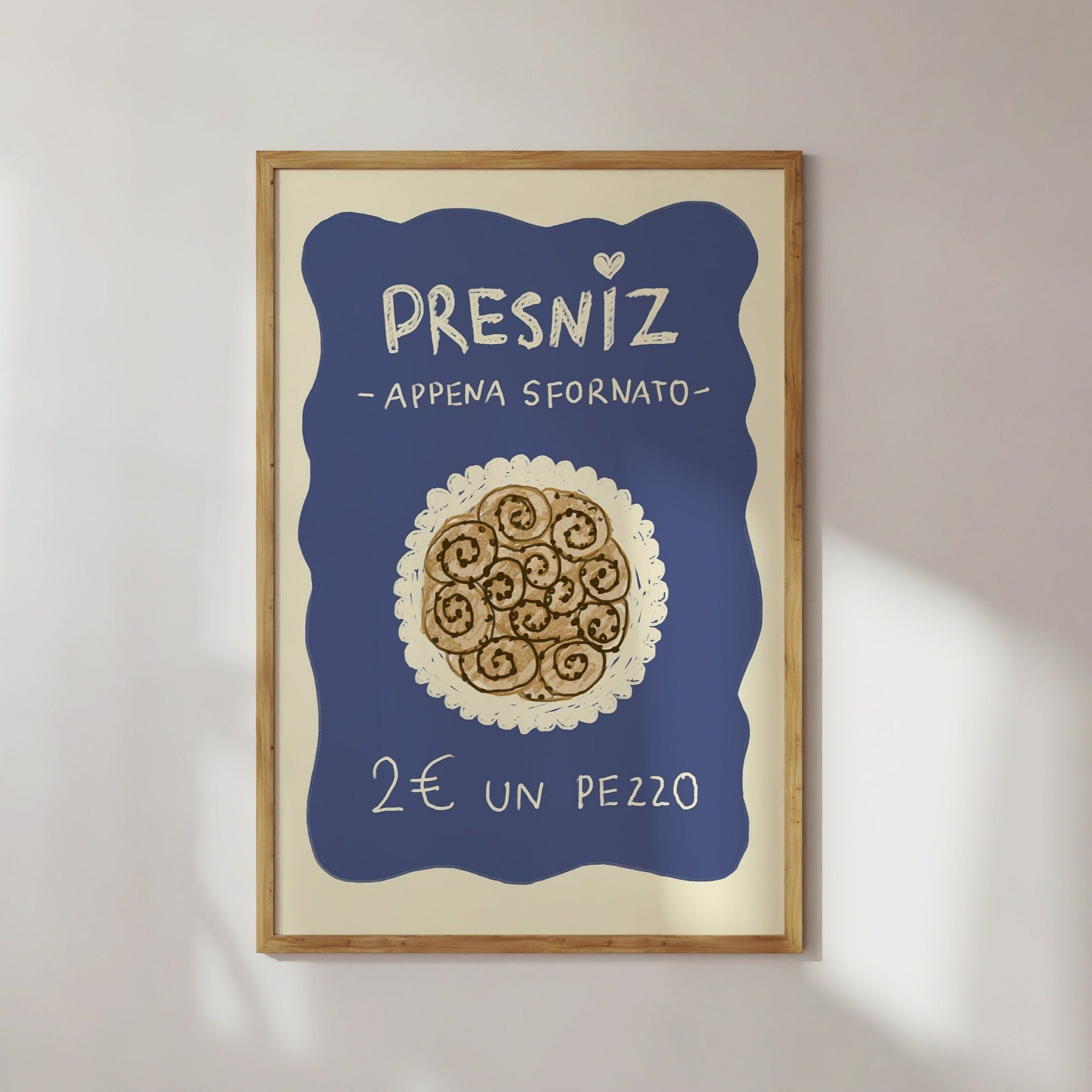 Poster Presniz, italienische Zimtschnecke Dessert illustrierter Druck, Süßigkeiten, Zimtschnecke, Küchen-Print, Kunstdruck