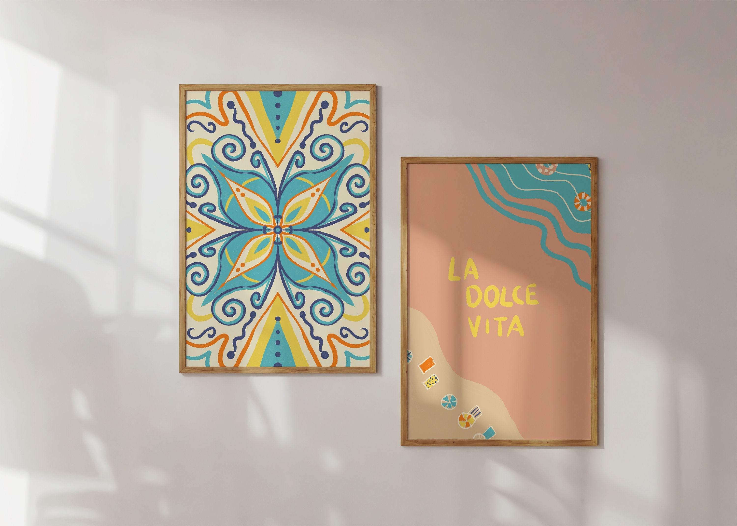 Hellblaues Mandala / Illustration / Kunstdruck / Dolce Vita / Italien / Fliesen, Wandkunst, blau, orange, Dekoration, Muster, Ornament, gelb