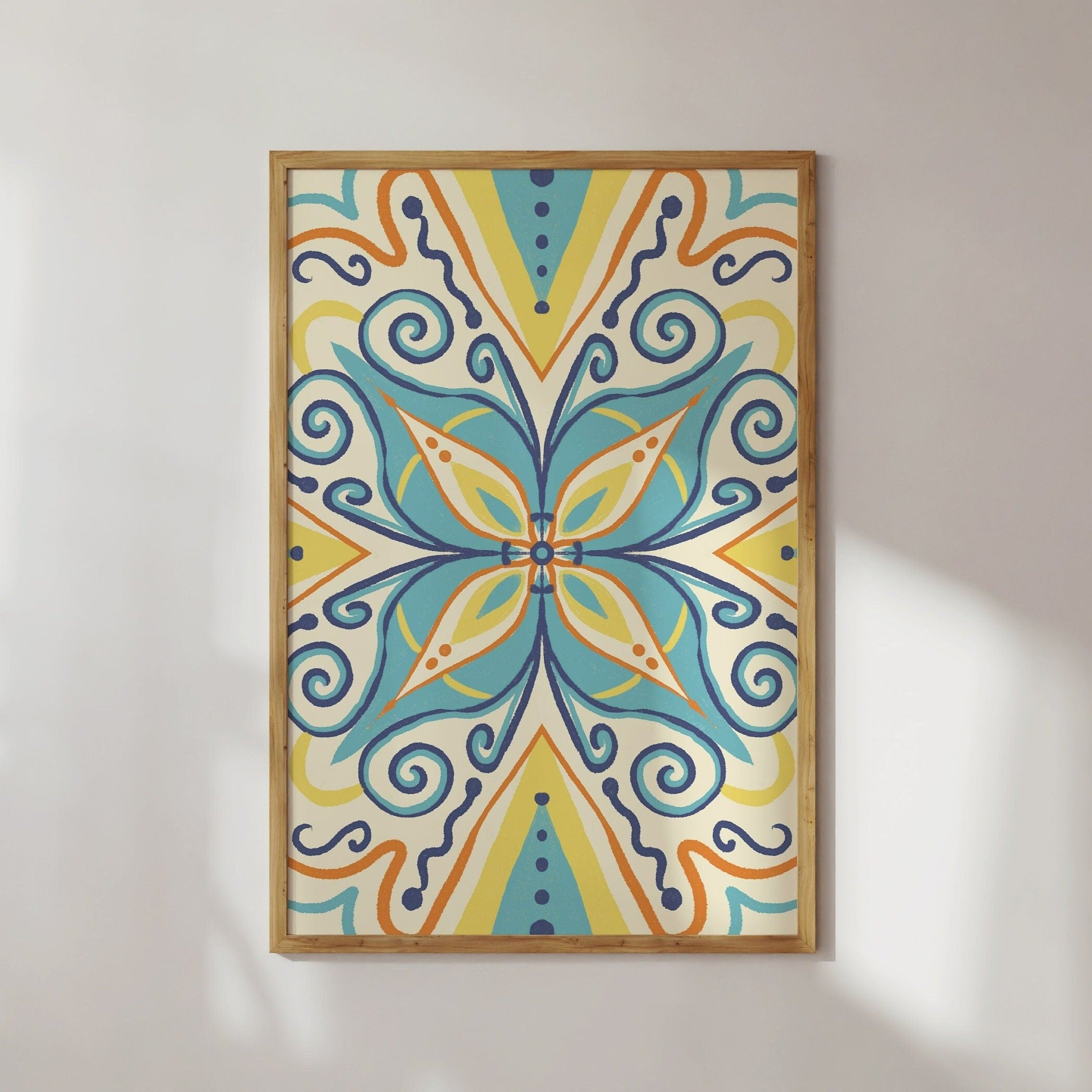 Hellblaues Mandala / Illustration / Kunstdruck / Dolce Vita / Italien / Fliesen, Wandkunst, blau, orange, Dekoration, Muster, Ornament, gelb