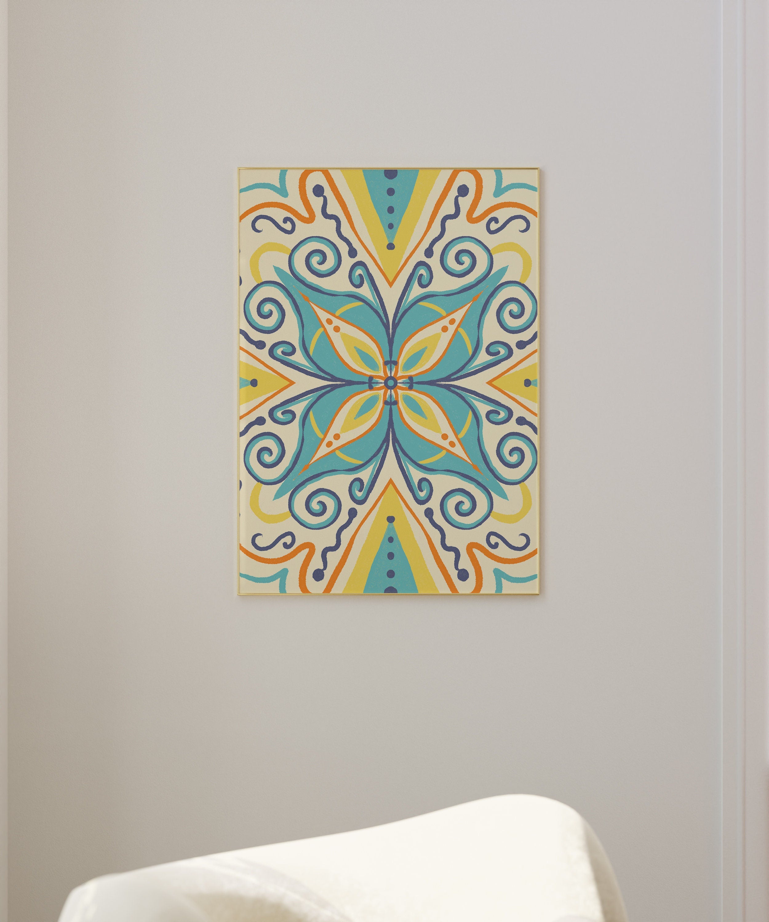 Hellblaues Mandala / Illustration / Kunstdruck / Dolce Vita / Italien / Fliesen, Wandkunst, blau, orange, Dekoration, Muster, Ornament, gelb