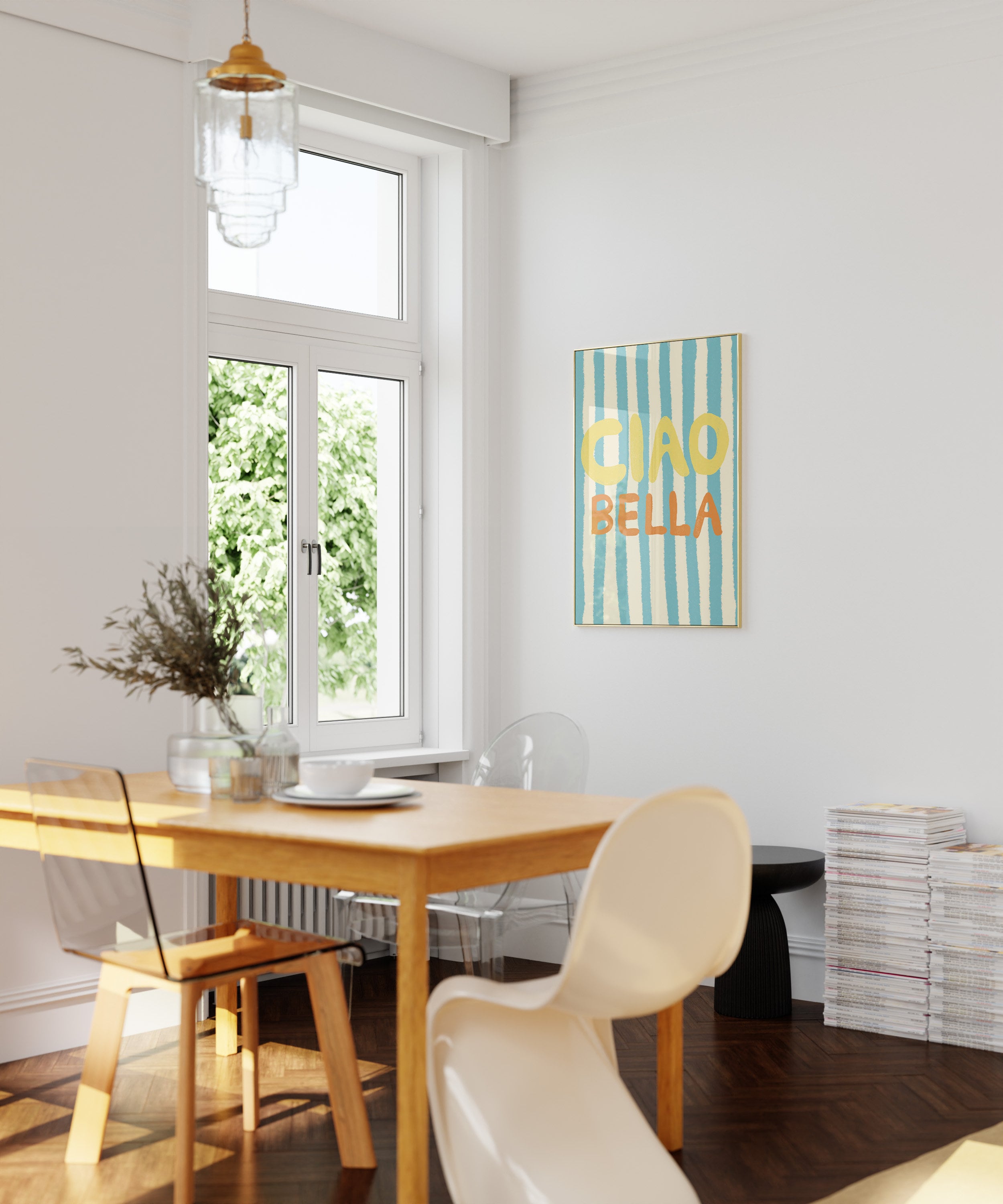 Poster Cioa Bella  Kunstdruck / gestreift/ hellblau / Sommer/ Typografisches poster / Modern