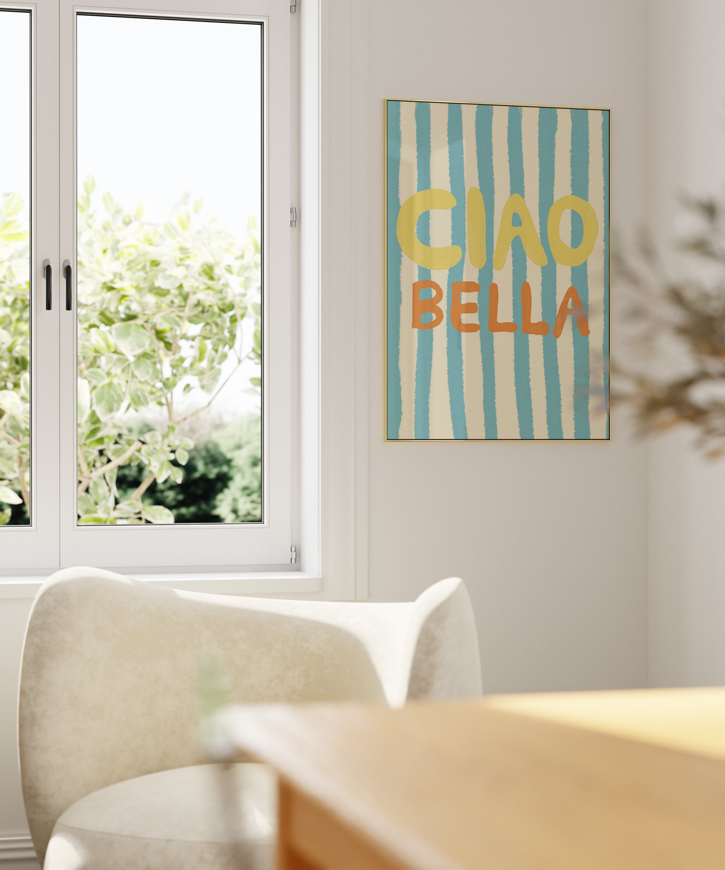 Poster Cioa Bella  Kunstdruck / gestreift/ hellblau / Sommer/ Typografisches poster / Modern