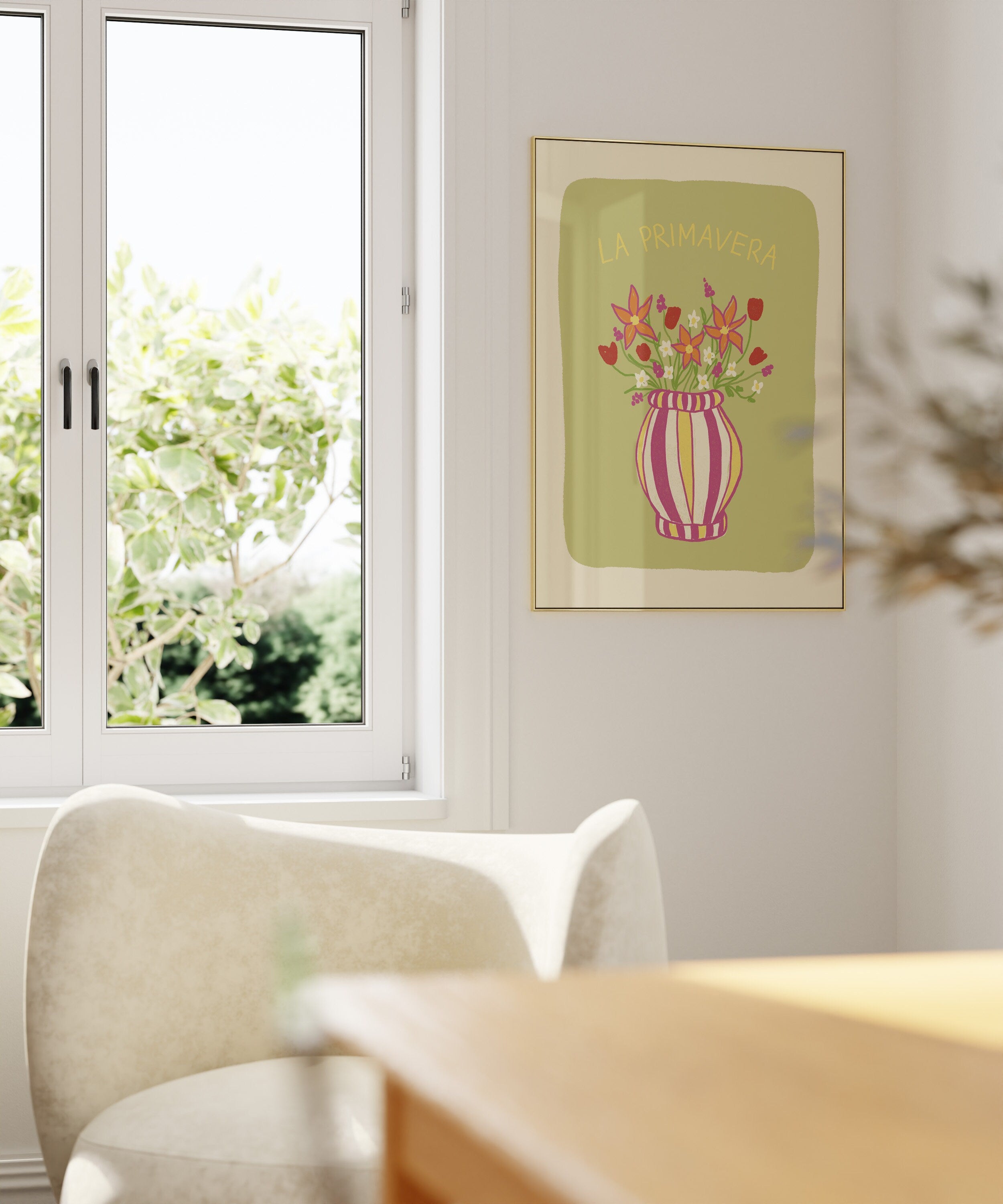 Poster La Primavera Blumenvase Illustration / Kunstdruck / Zitat / Frühlings-Illustration / hellgrün