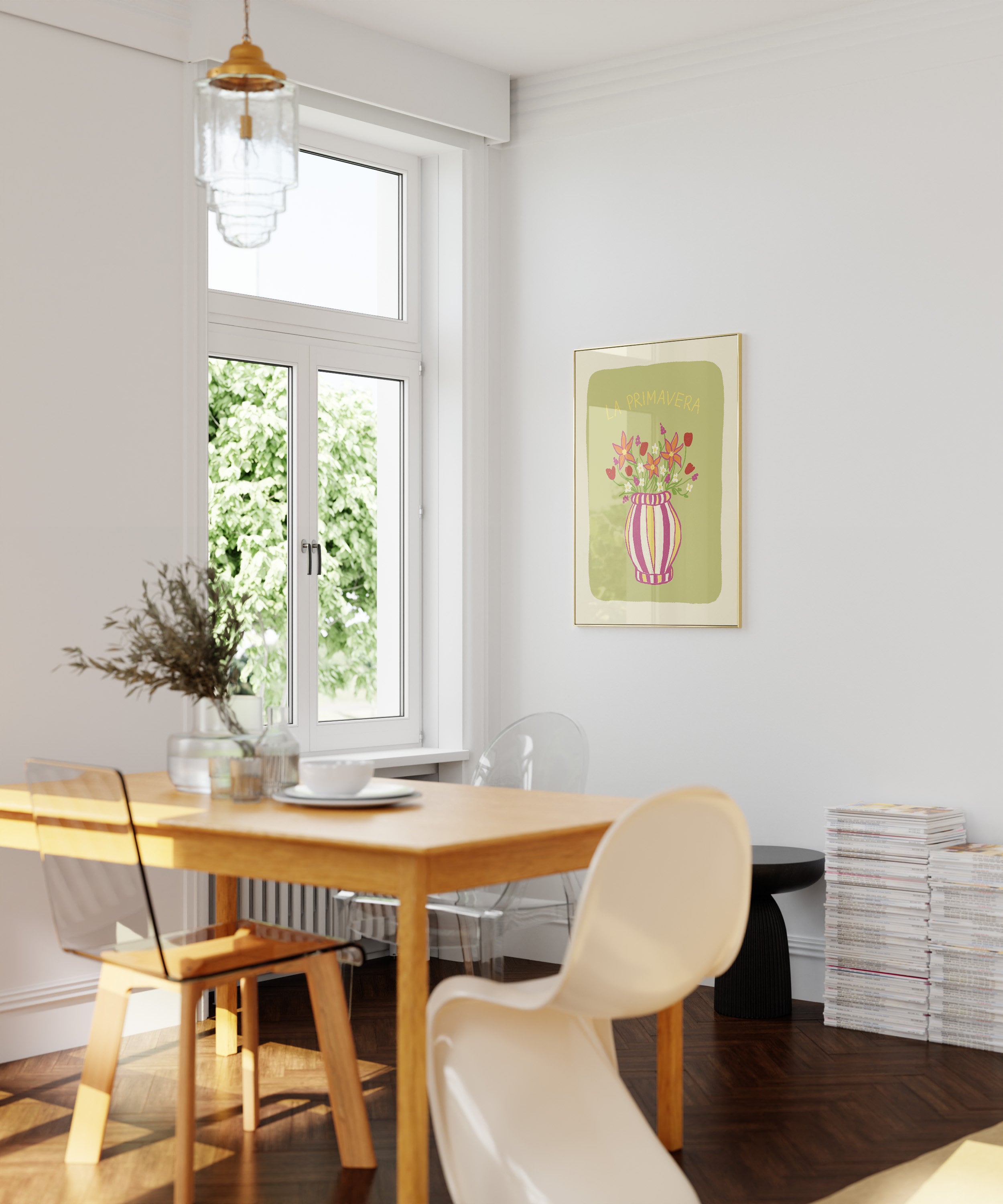 Poster La Primavera Blumenvase Illustration / Kunstdruck / Zitat / Frühlings-Illustration / hellgrün