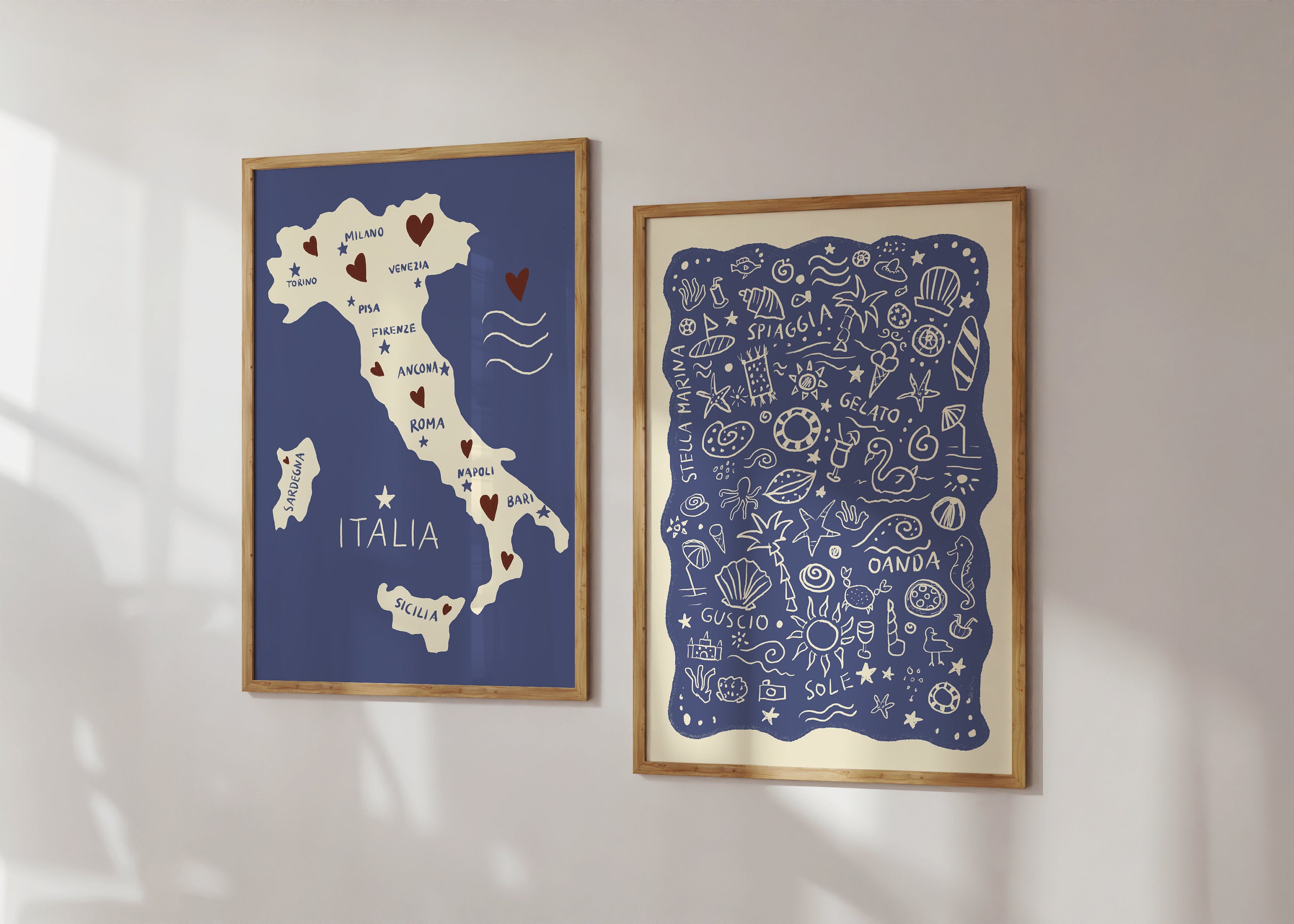 Poster Italien Strand Collage/ Illustration / Kunstdruck / rosa / Sommer/ Sommer-Illustration / Typografisches poster / blau, Meer, Bad