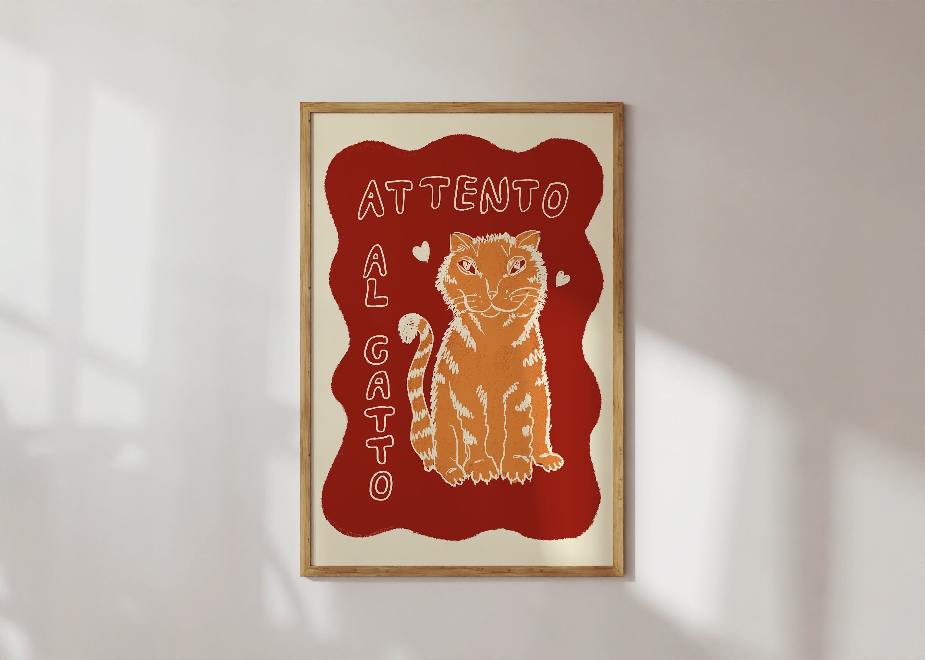 Poster Attento al Gatto / Personalisierbar / Kunstdruck / Katze / Rot / lustig