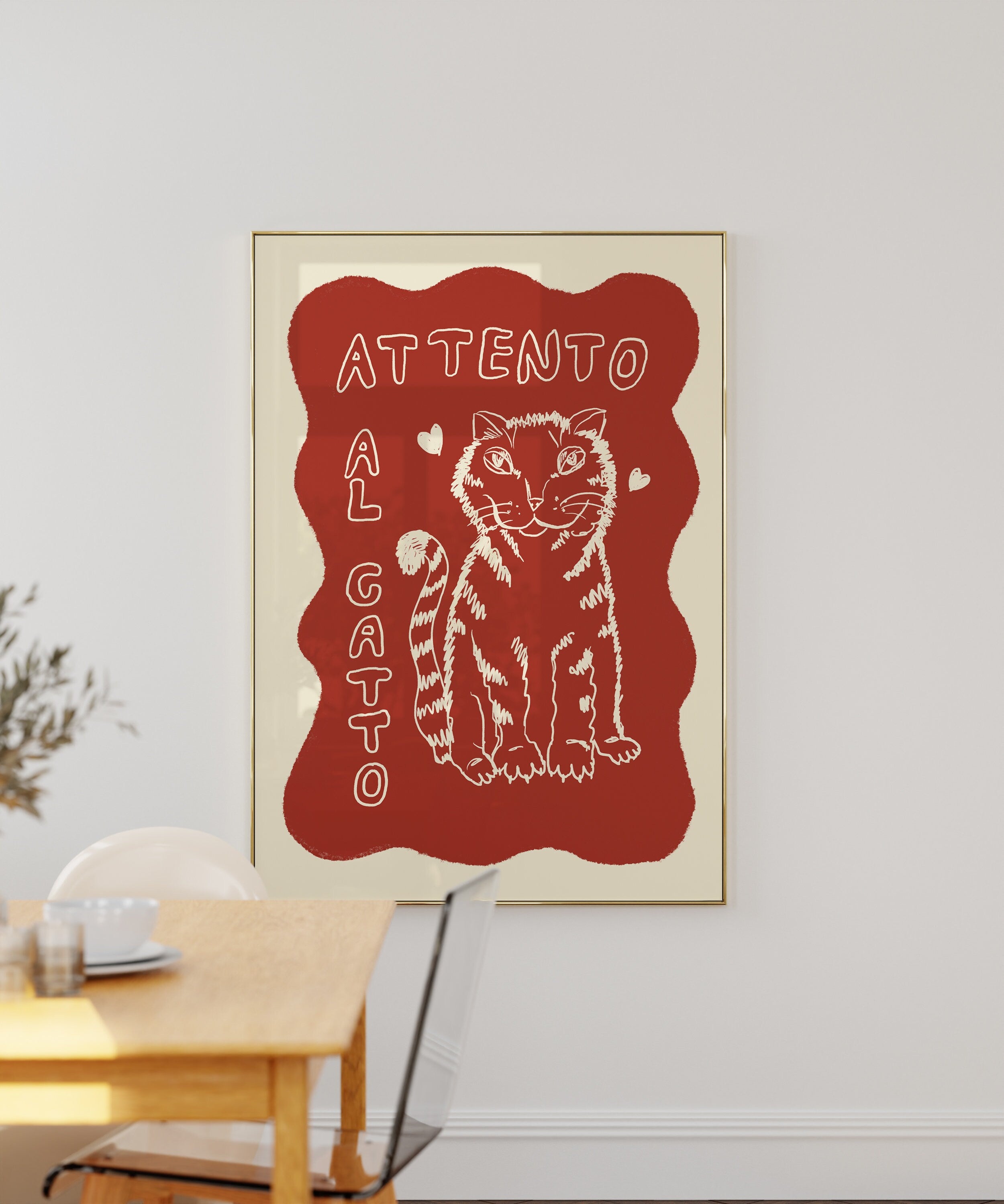 Poster Attento al Gatto / Personalisierbar / Kunstdruck / Katze / Rot / lustig