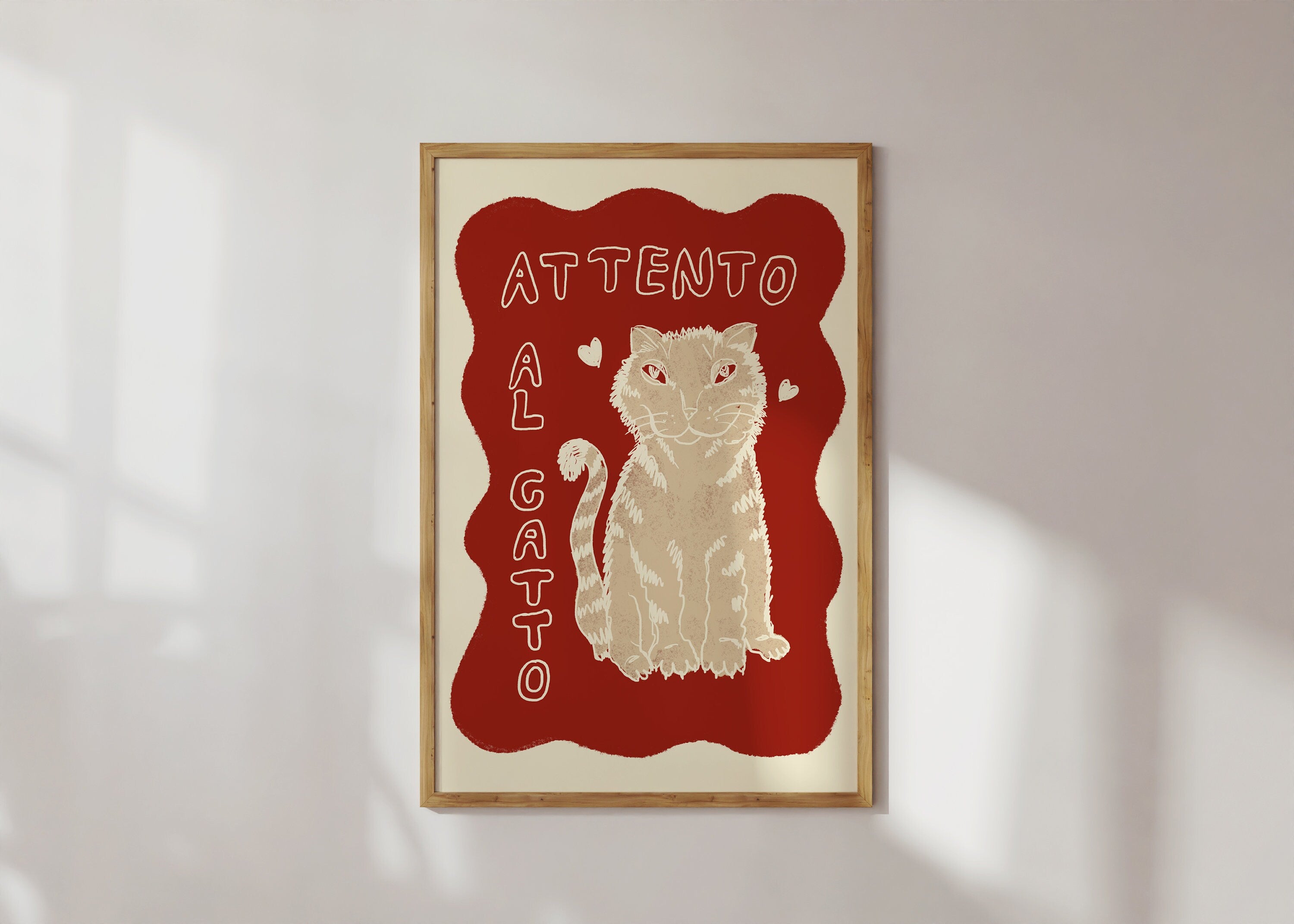 Poster Attento al Gatto / Personalisierbar / Kunstdruck / Katze / Rot / lustig