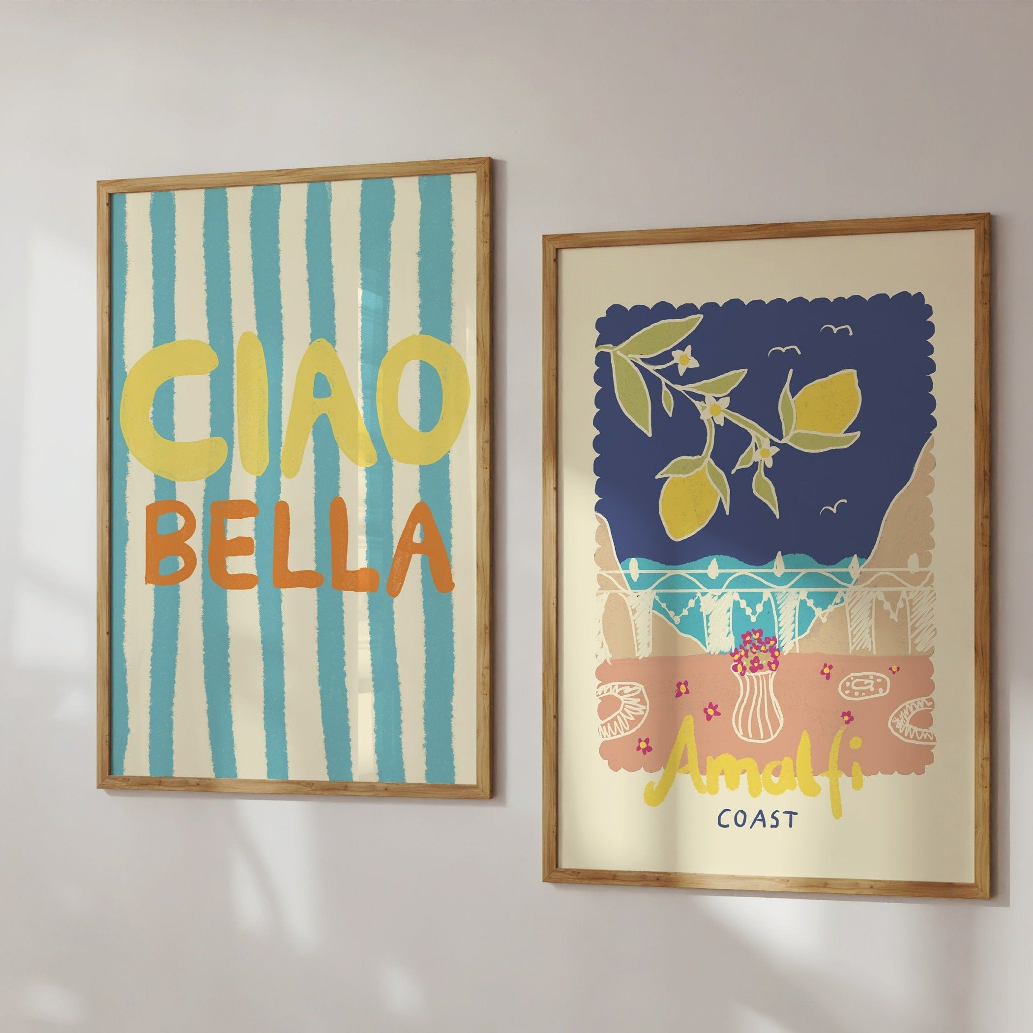 Poster Cioa Bella  Kunstdruck / gestreift/ hellblau / Sommer/ Typografisches poster / Modern