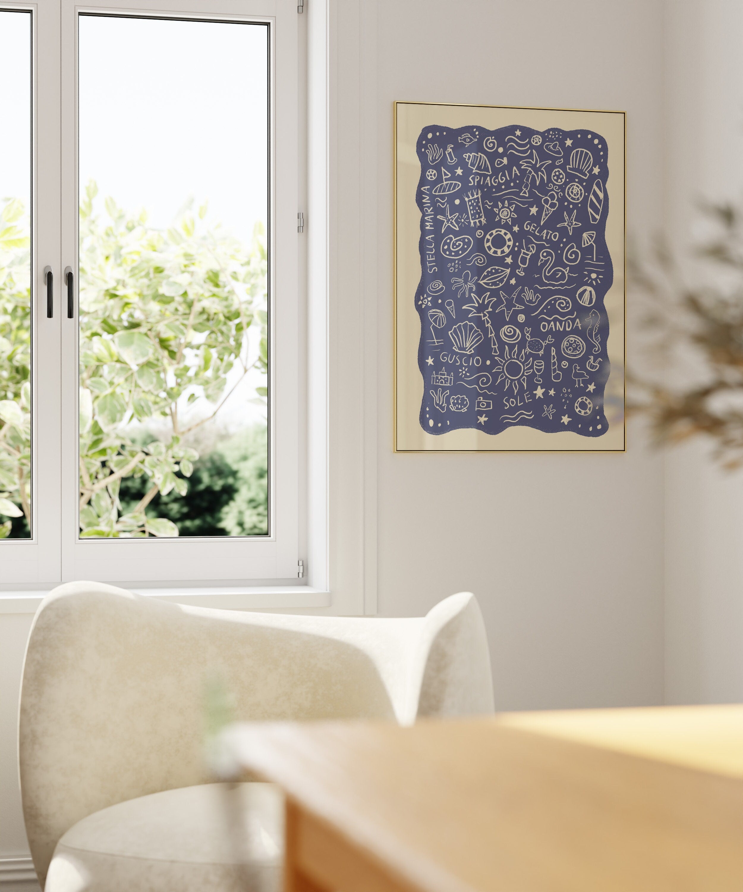 Poster Italien Strand Collage/ Illustration / Kunstdruck / rosa / Sommer/ Sommer-Illustration / Typografisches poster / blau, Meer, Bad