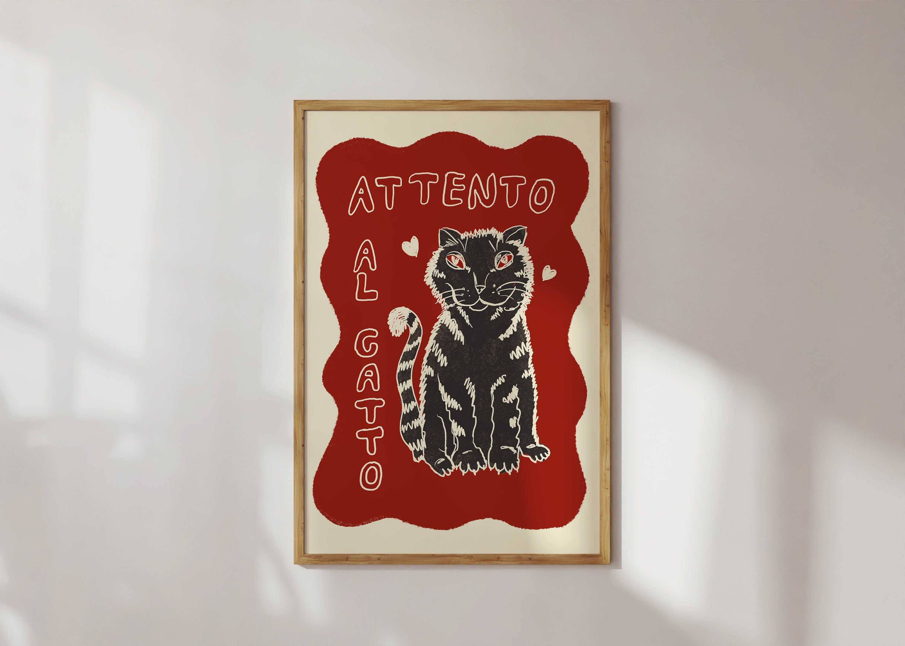Poster Attento al Gatto / Personalisierbar / Kunstdruck / Katze / Rot / lustig