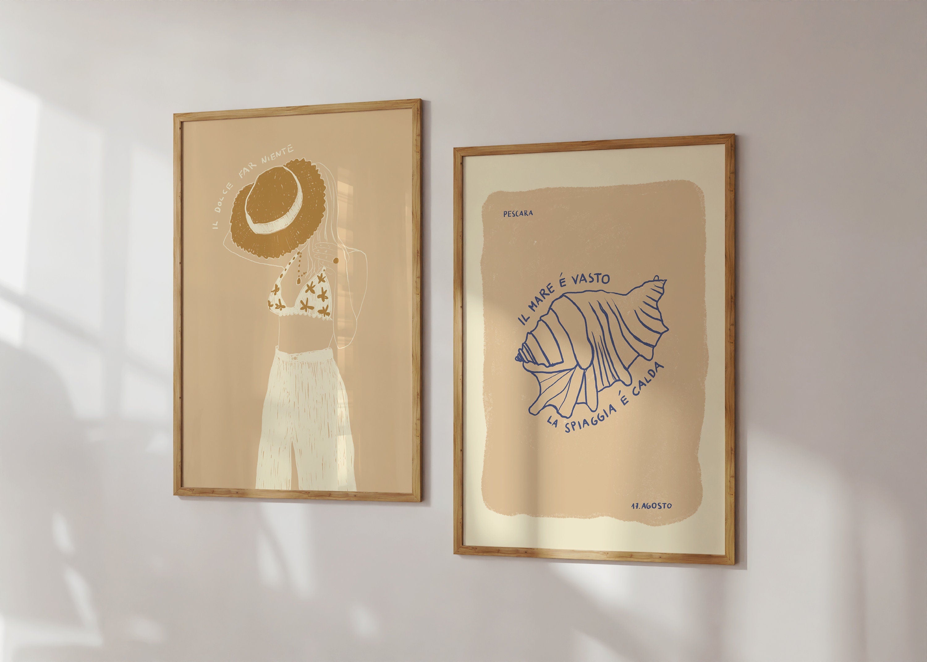 Poster-Set Summer Girl & Muschel Illustration / Kunstdruck / Minimalistisch / Italien, Beige, Sommer