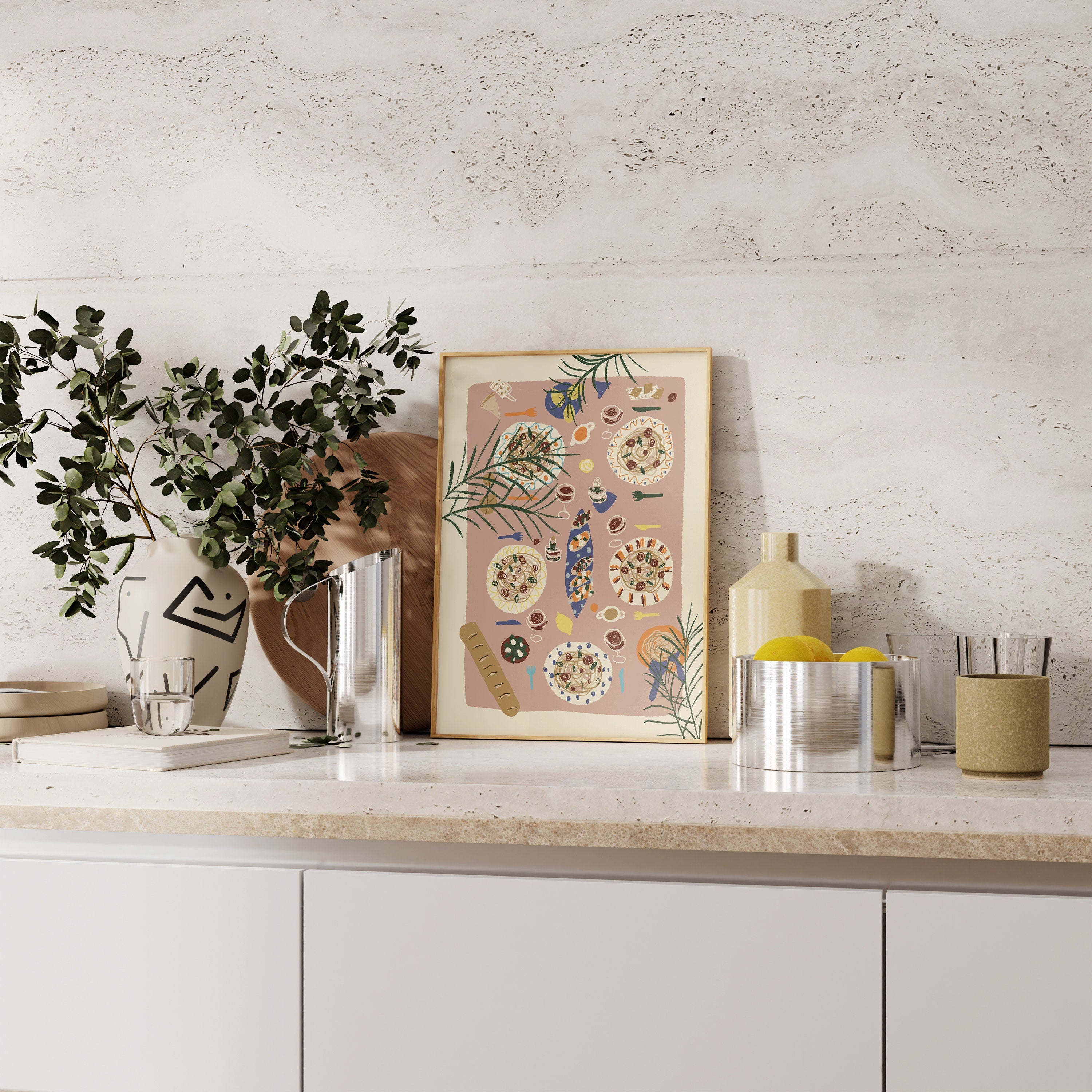 Poster gedeckter Tisch, Feier Illustration / Kunstdruck / Dolce Vita / Italien, Küche, Essen, Italienische Kunst, Wein, Druck, Plakat,