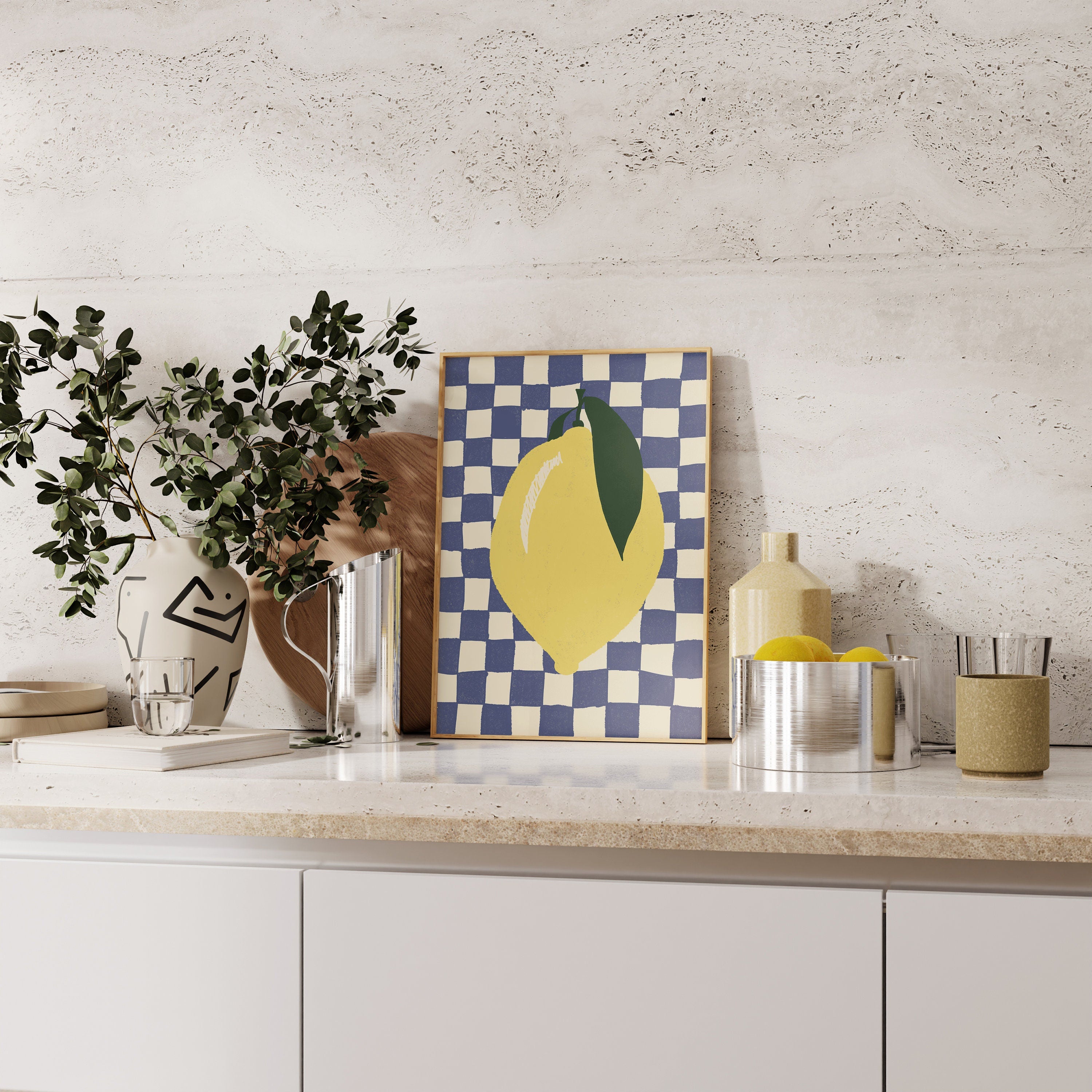 Poster mit Zitrone auf Karo Muster