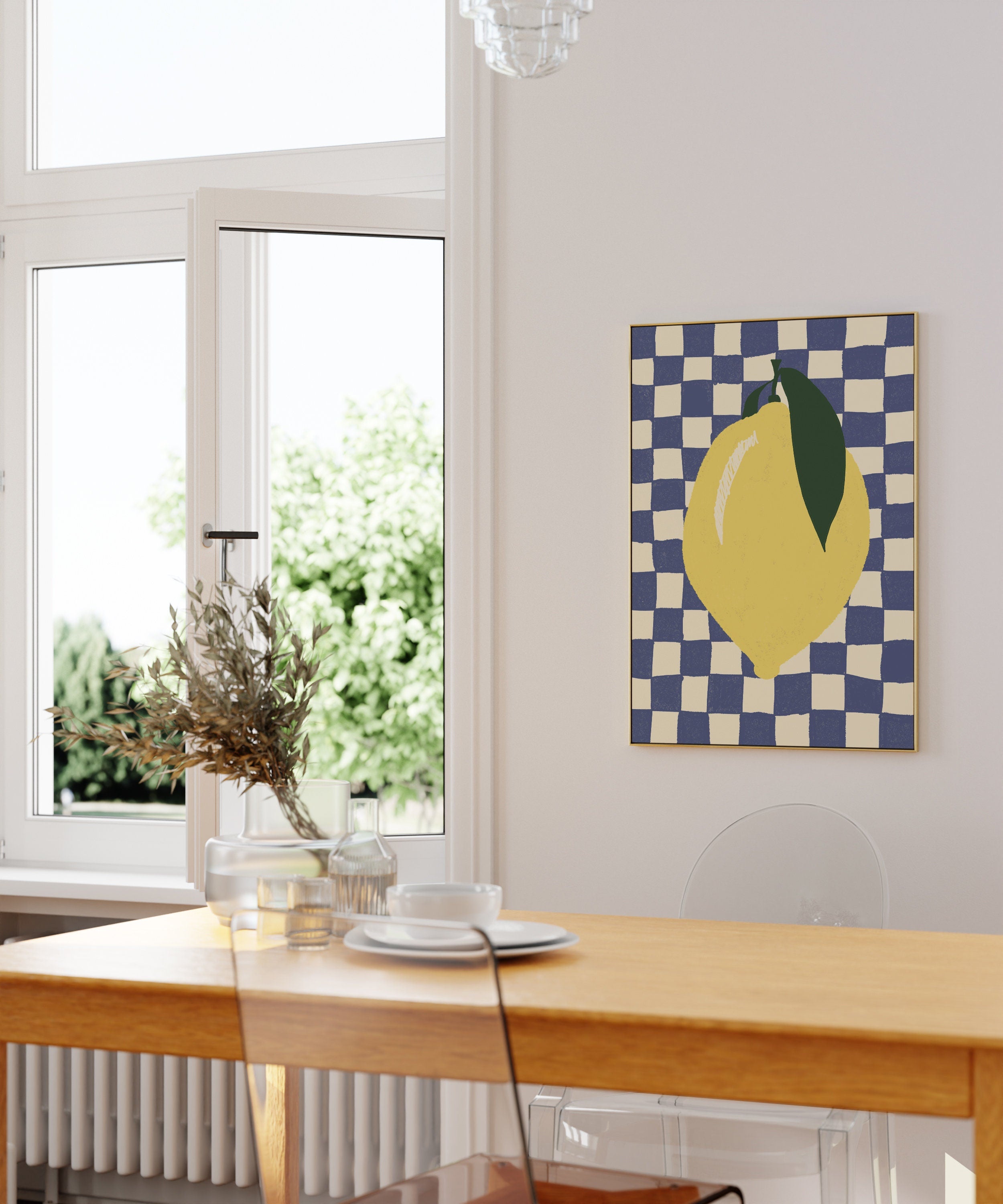 Poster mit Zitrone auf Karo Muster