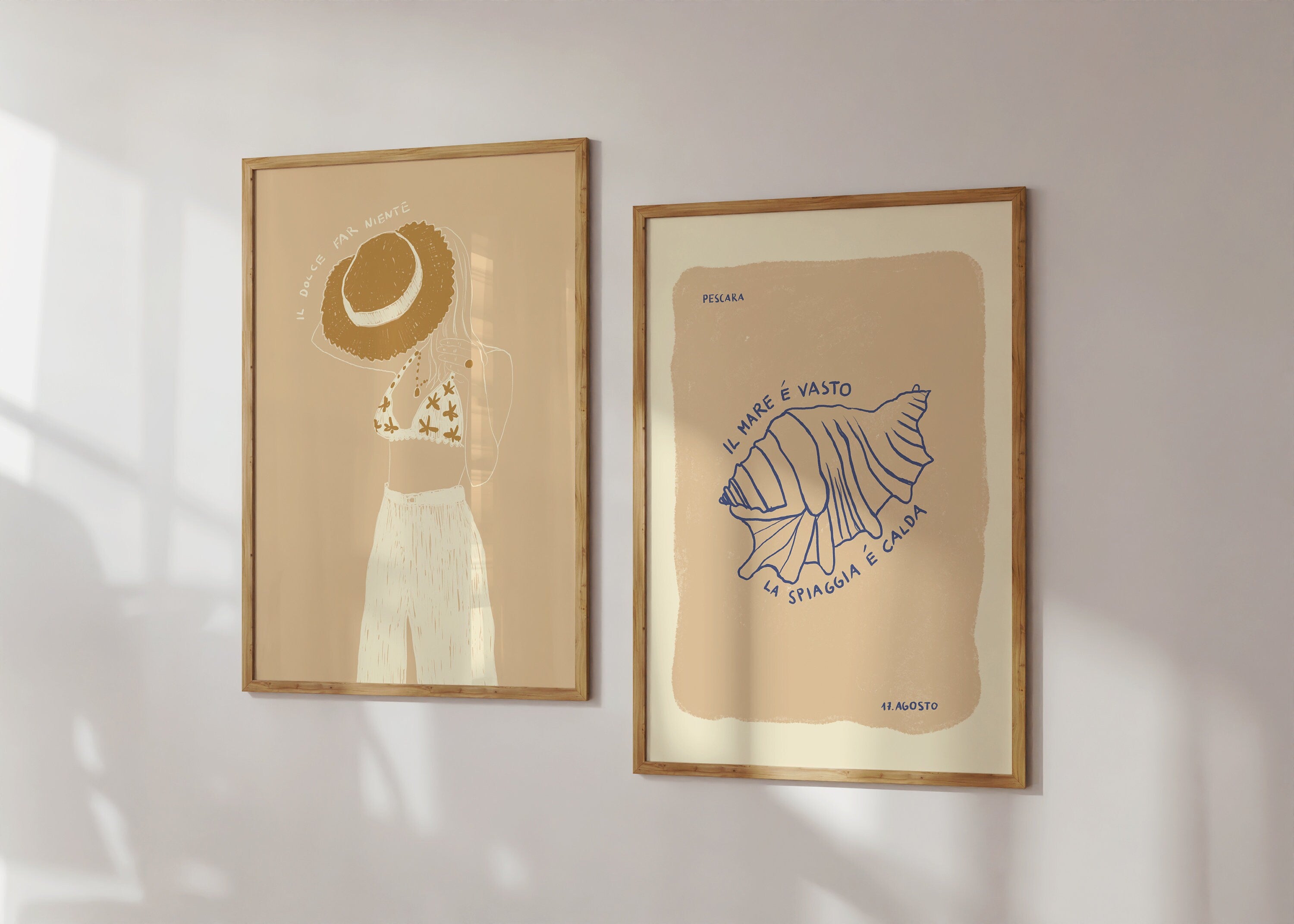 Poster Summer Girl Illustration / Kunstdruck / Dolce Vita / Italien, Strohhut, That Girl, Mode, beige, minimalist, Plakat, Sommer,Bikini