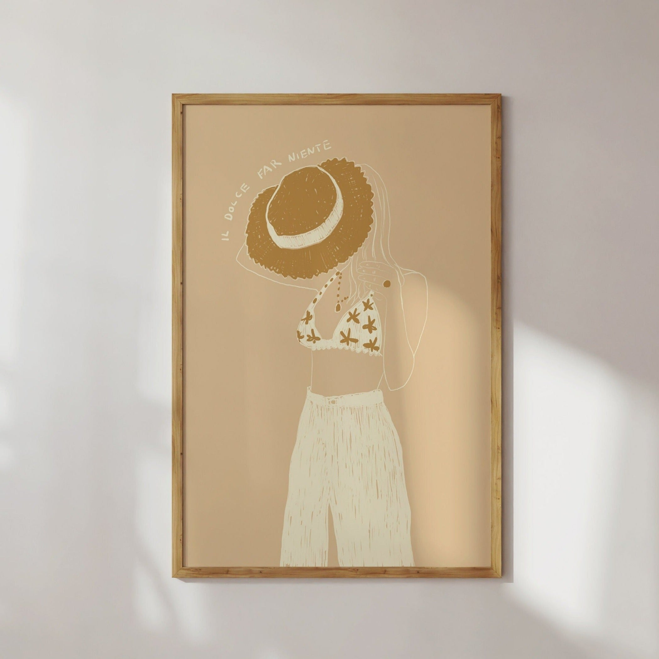 Poster Summer Girl Illustration / Kunstdruck / Dolce Vita / Italien, Strohhut, That Girl, Mode, beige, minimalist, Plakat, Sommer,Bikini