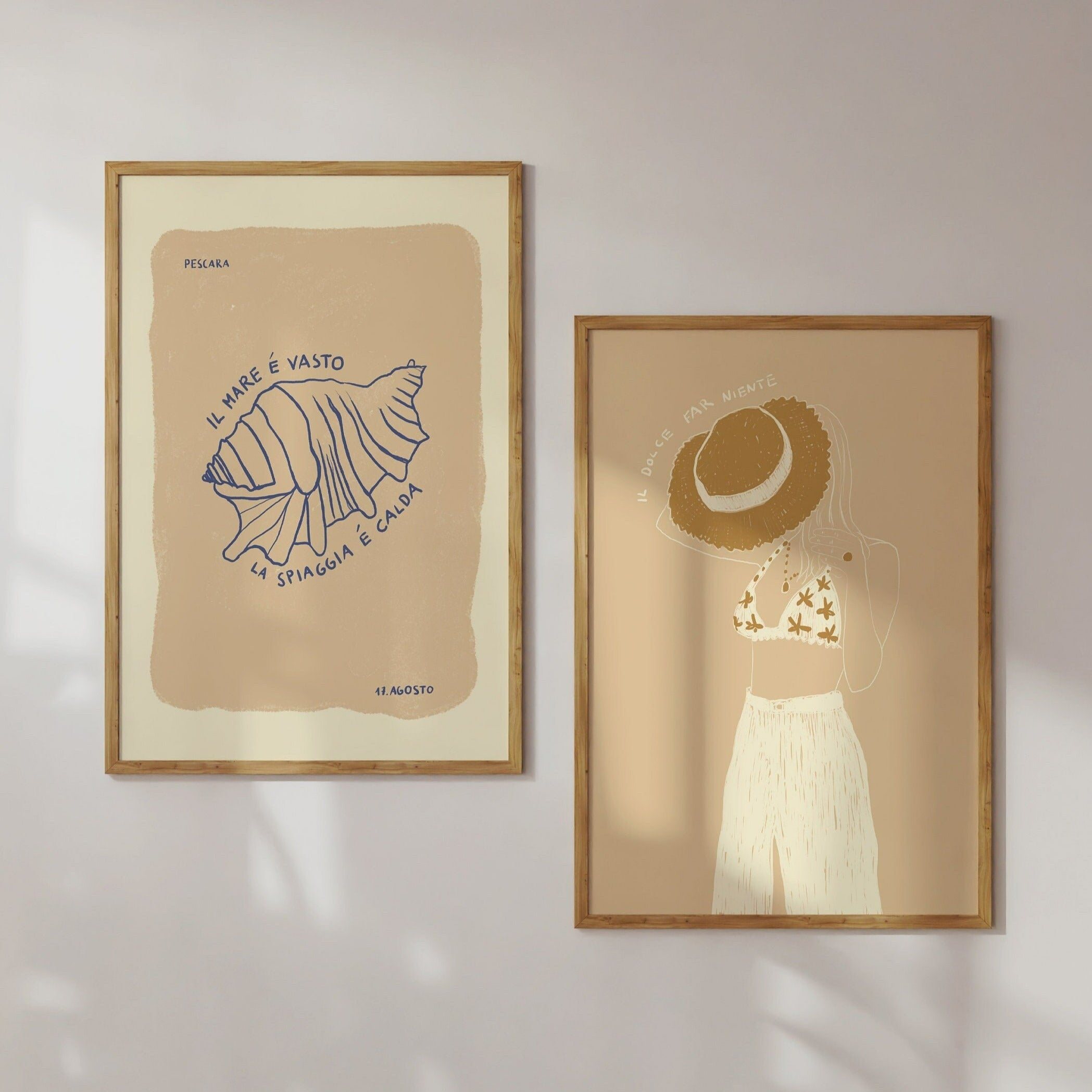 Poster-Set Summer Girl & Muschel Illustration / Kunstdruck / Minimalistisch / Italien, Beige, Sommer