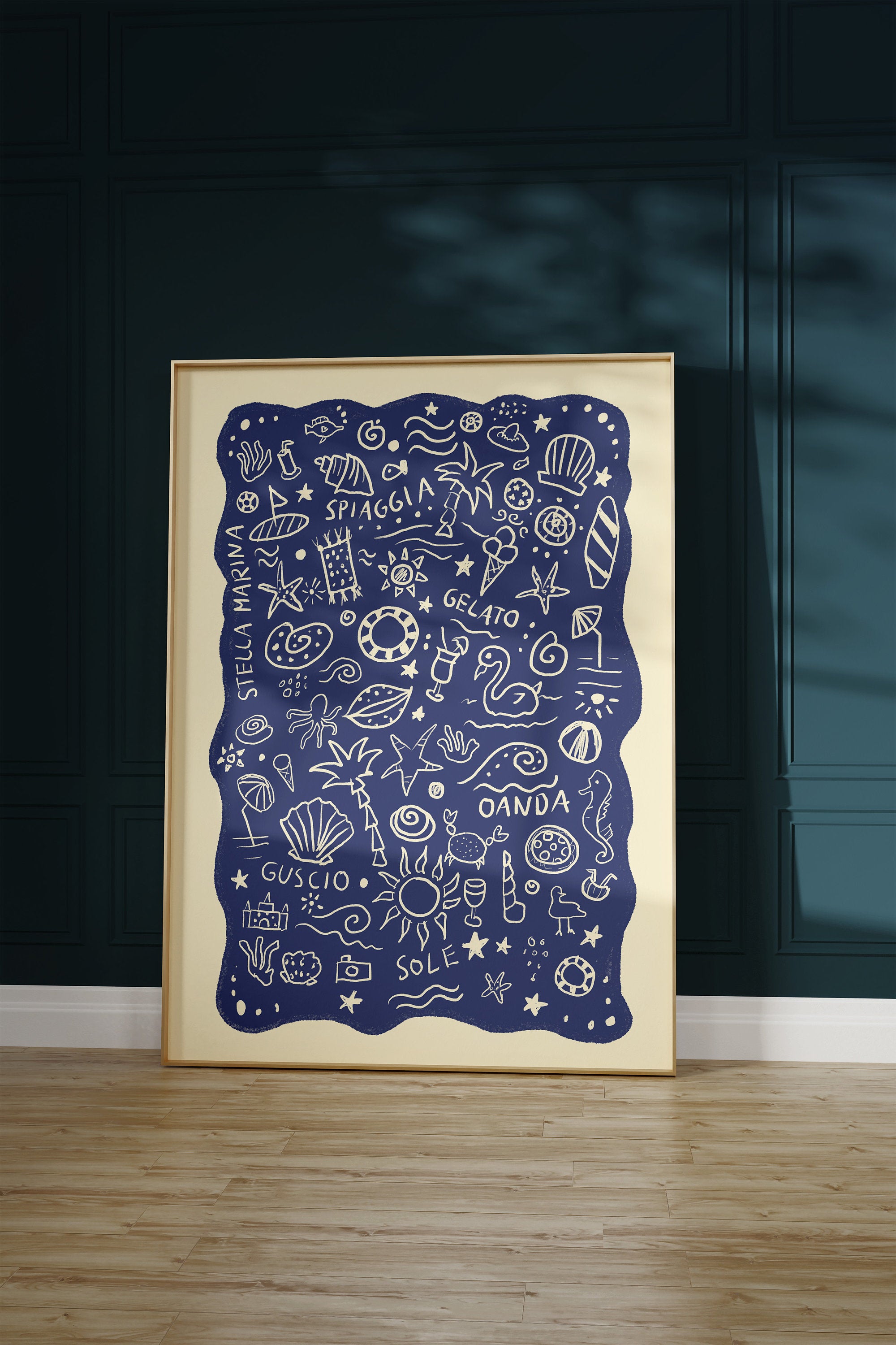Poster Italien Strand Collage/ Illustration / Kunstdruck / rosa / Sommer/ Sommer-Illustration / Typografisches poster / blau, Meer, Bad