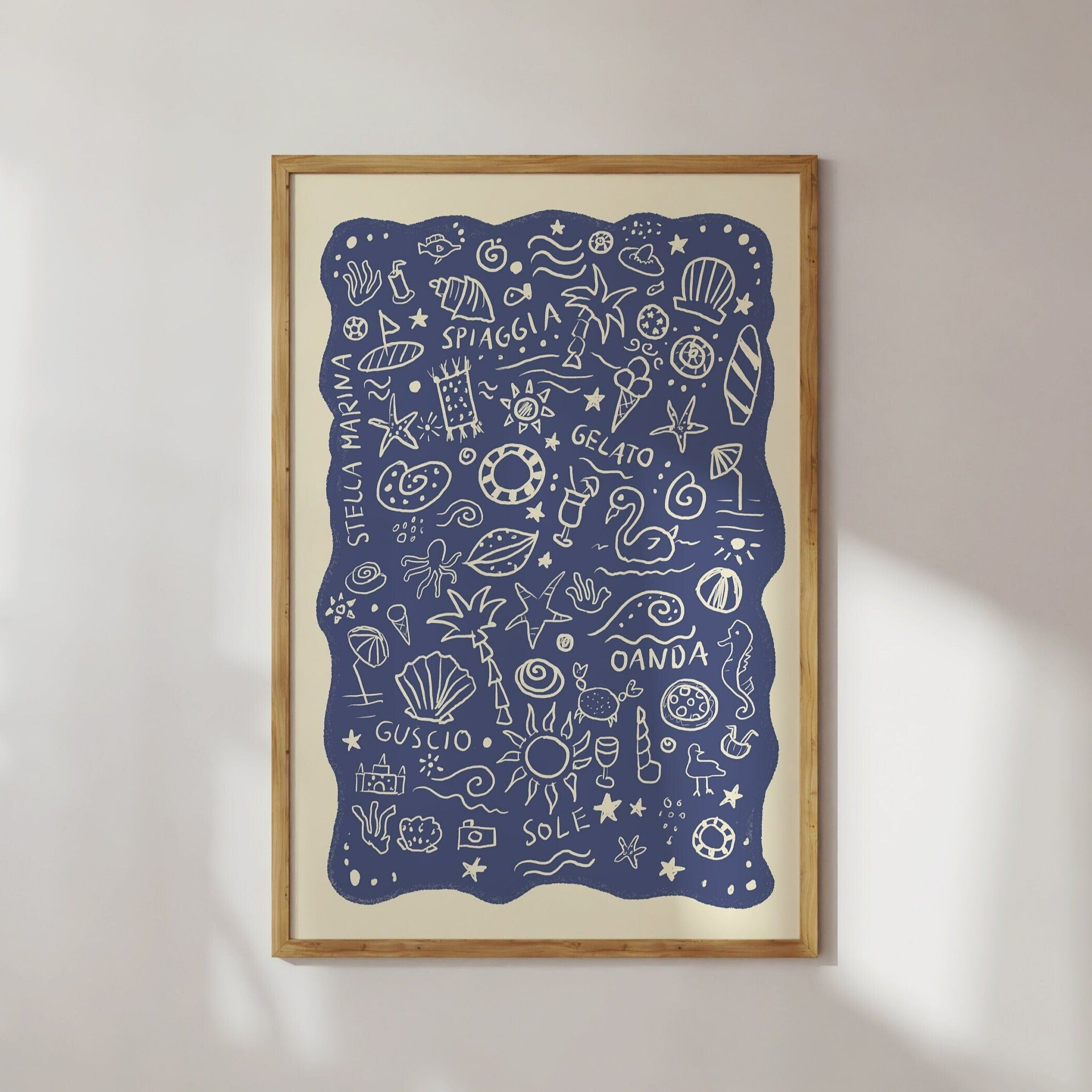 Poster Italien Strand Collage/ Illustration / Kunstdruck / rosa / Sommer/ Sommer-Illustration / Typografisches poster / blau, Meer, Bad