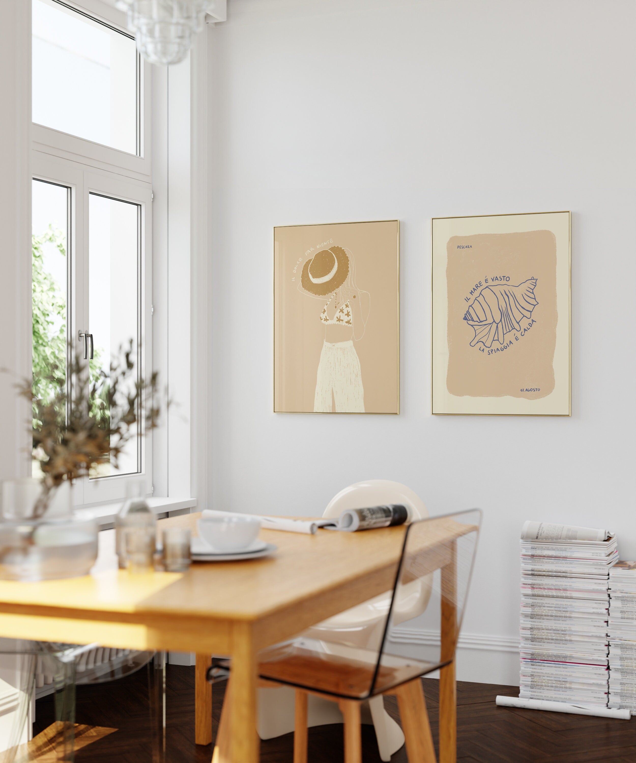 Poster-Set Summer Girl & Muschel Illustration / Kunstdruck / Minimalistisch / Italien, Beige, Sommer